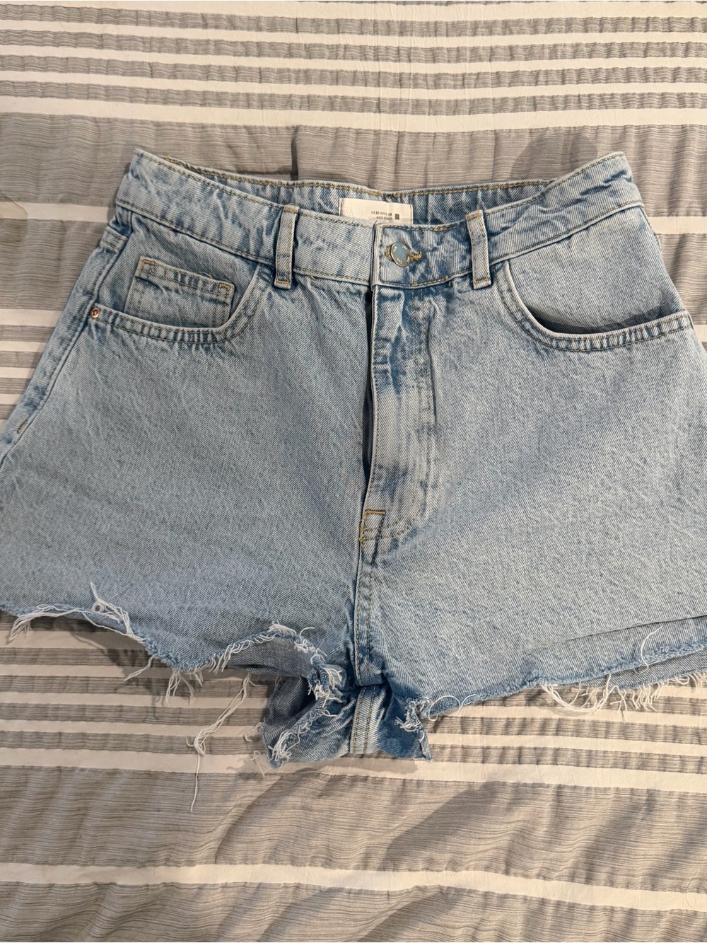 Zara Light Blue High-Rise Distressed Denim Shorts